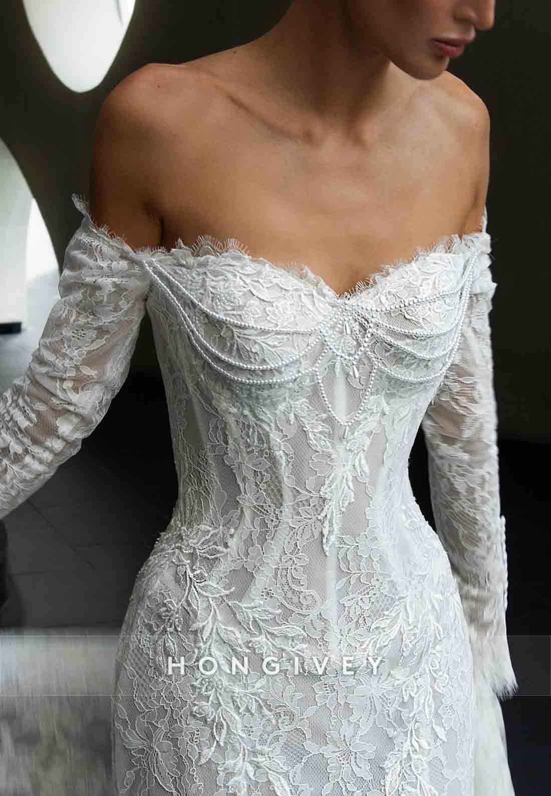Off the Shoulder Lace Sweetheart Long Sleeves Mermaid Wedding Dresses