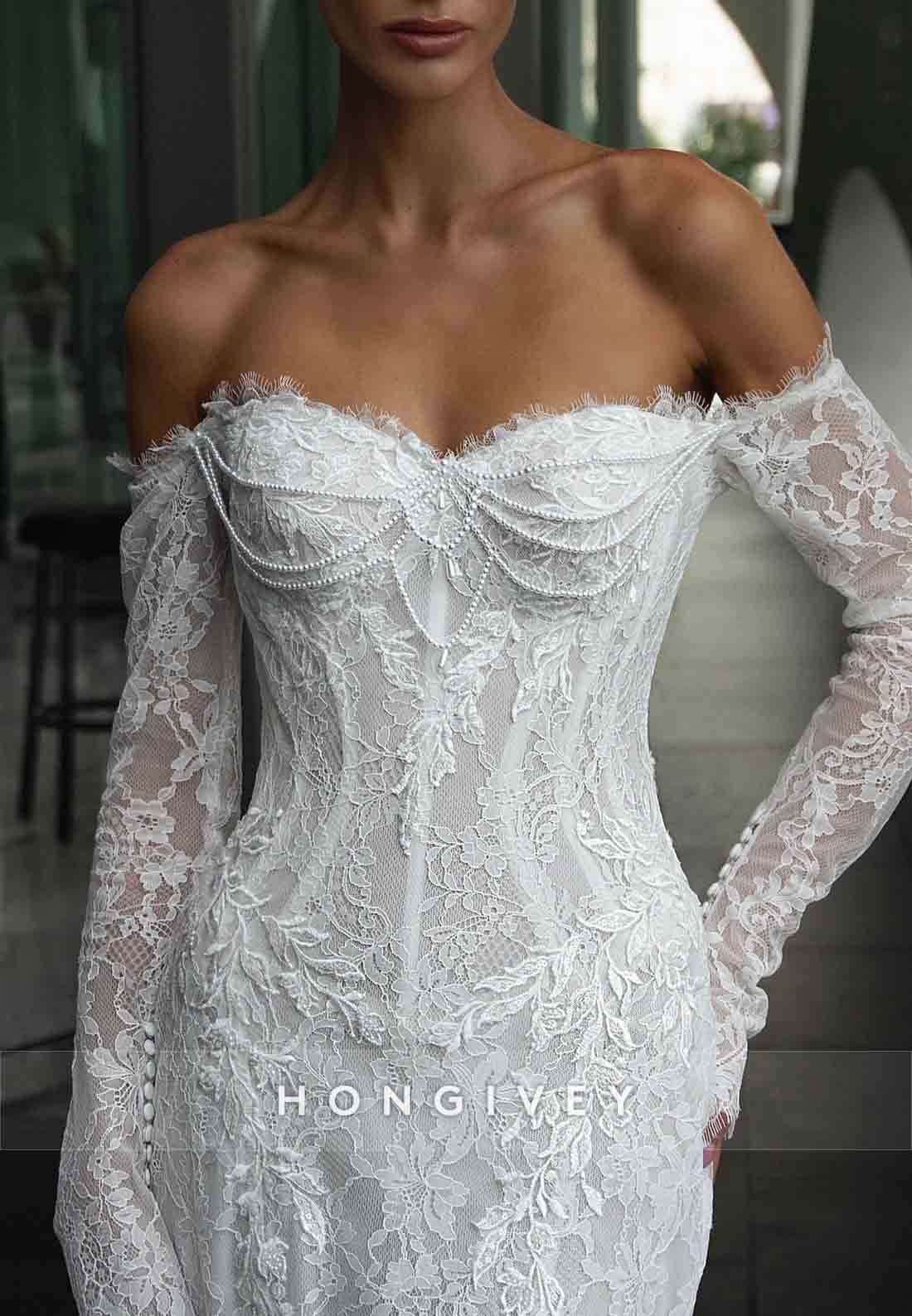 Off the Shoulder Lace Sweetheart Long Sleeves Mermaid Wedding Dresses