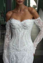 Off the Shoulder Lace Sweetheart Long Sleeves Mermaid Wedding Dresses