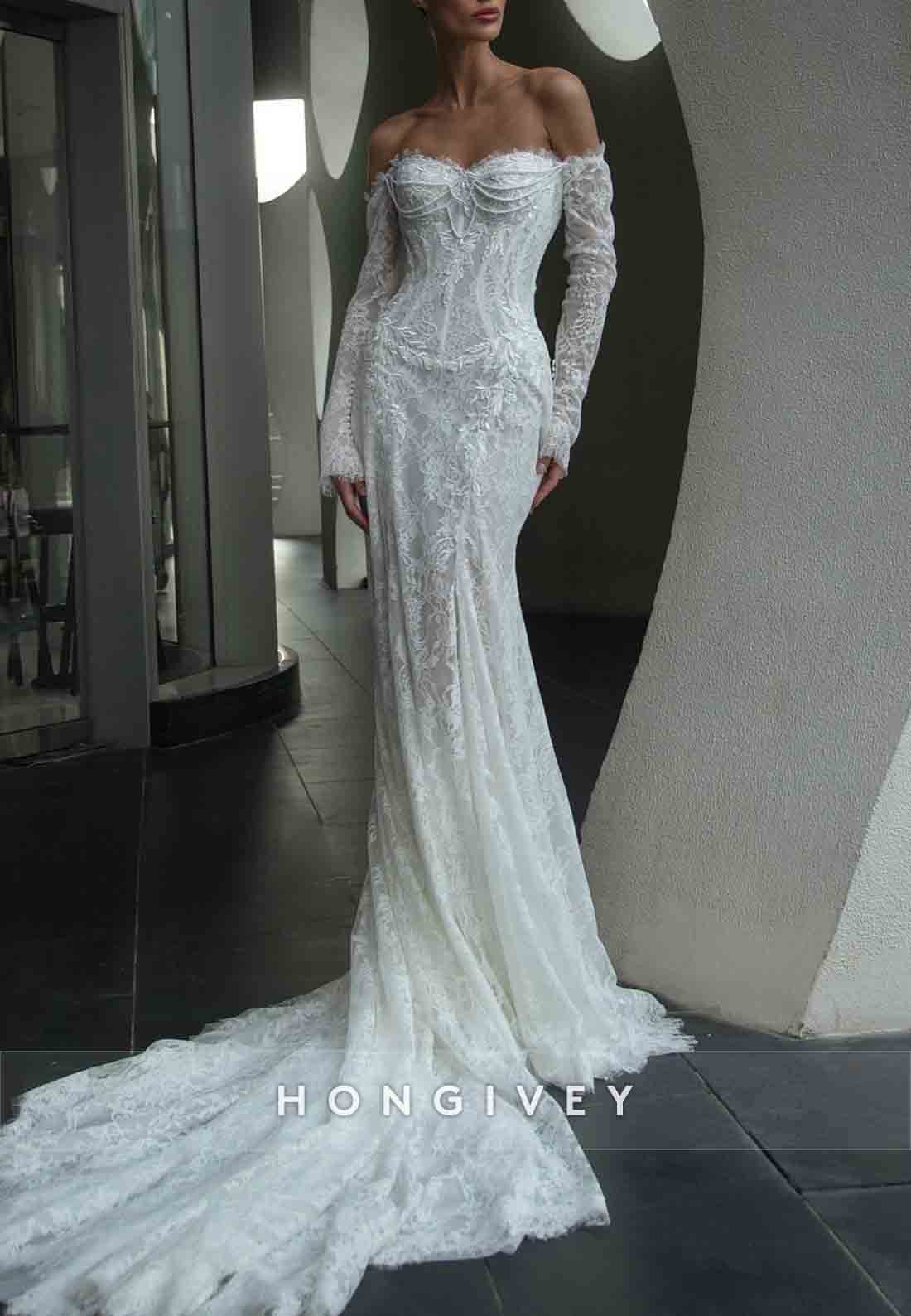 Off the Shoulder Lace Sweetheart Long Sleeves Mermaid Wedding Dresses