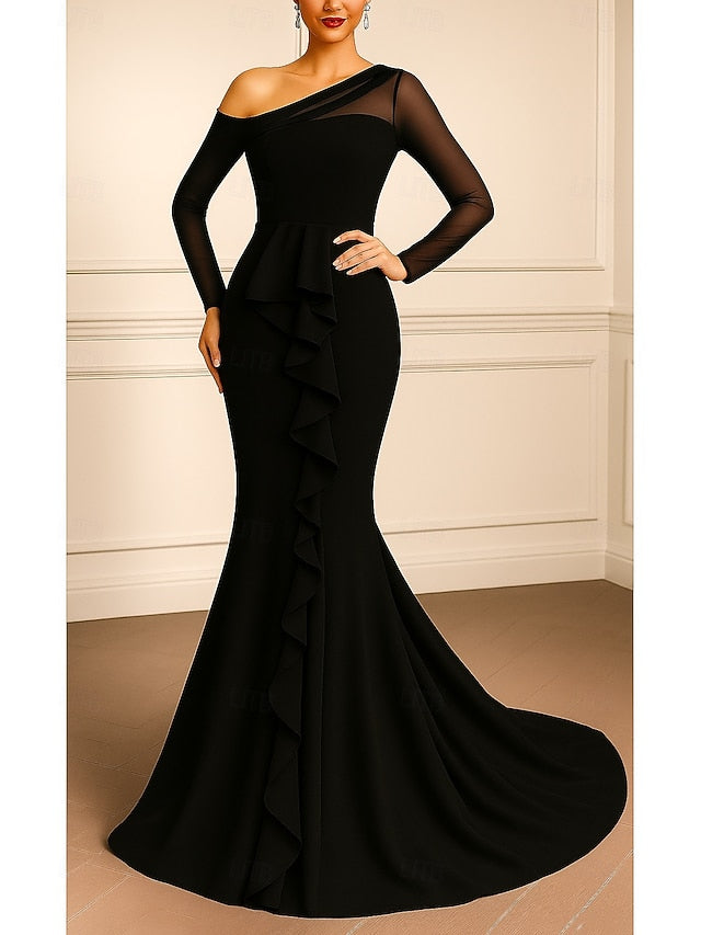 Elegant One Shoulder Long Sleeve Mermaid Floor-Length Evening Sleeve Ruched