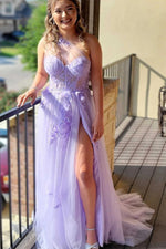 Dreamy Lavender One-Shoulder Sheer Mesh Long Prom Dress