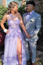 Dreamy Lavender One-Shoulder Sheer Mesh Long Prom Dress