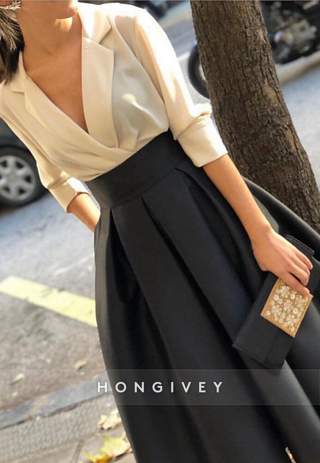 V-Neck A-Line 3/4 Sleeve Ankle-Length Satin Pleated Evening Gowns