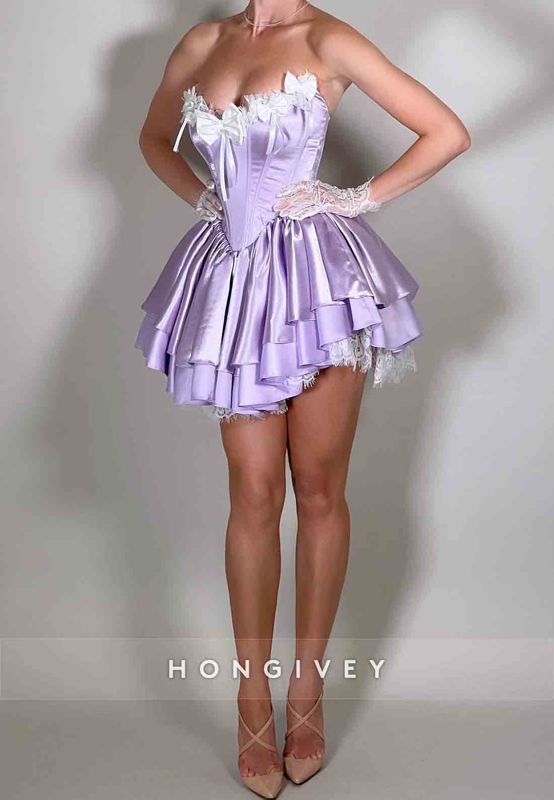 Lilac Strapless Satin Lace Ruched Short Homecoming Dresses with Bowknots