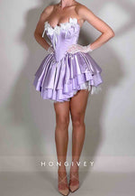 Lilac Strapless Satin Lace Ruched Short Homecoming Dresses with Bowknots