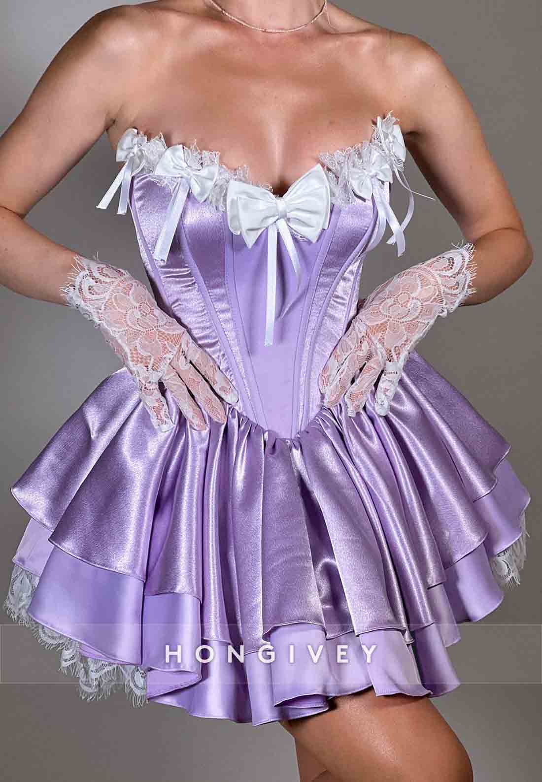 Lilac Strapless Satin Lace Ruched Short Homecoming Dresses with Bowknots