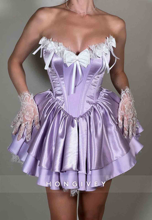 Lilac Strapless Satin Lace Ruched Short Homecoming Dresses with Bowknots