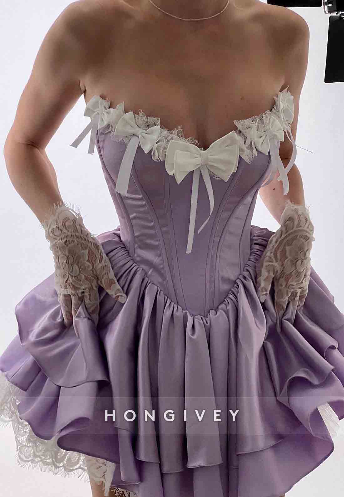 Lilac Strapless Satin Lace Ruched Short Homecoming Dresses with Bowknots