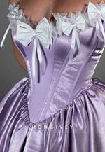 Lilac Strapless Satin Lace Ruched Short Homecoming Dresses with Bowknots
