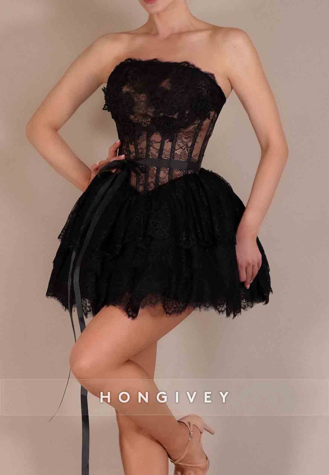 Black Strapless Ball Gowns Lace Short Homecoming Dresses with Lace Corset