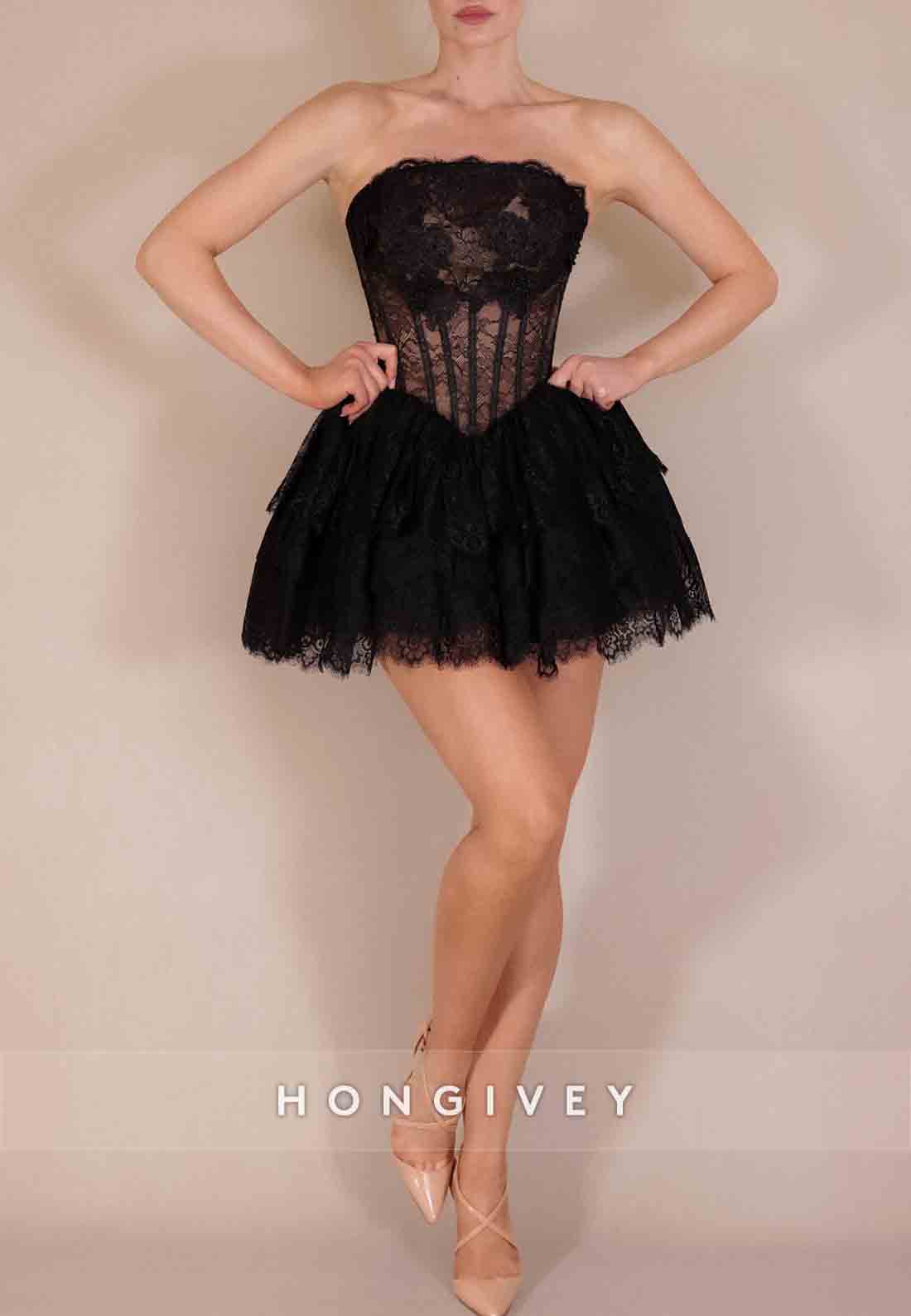 Black Strapless Ball Gowns Lace Short Homecoming Dresses with Lace Corset