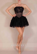Black Strapless Ball Gowns Lace Short Homecoming Dresses with Lace Corset