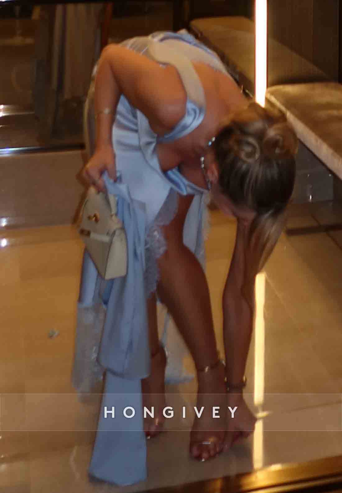 Sky Blue Lace Floor-Length Regular Straps High Slit Satin Evening Gowns