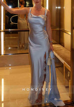 Sky Blue Lace Floor-Length Regular Straps High Slit Satin Evening Gowns
