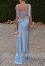 Sky Blue Lace Floor-Length Regular Straps High Slit Satin Evening Gowns