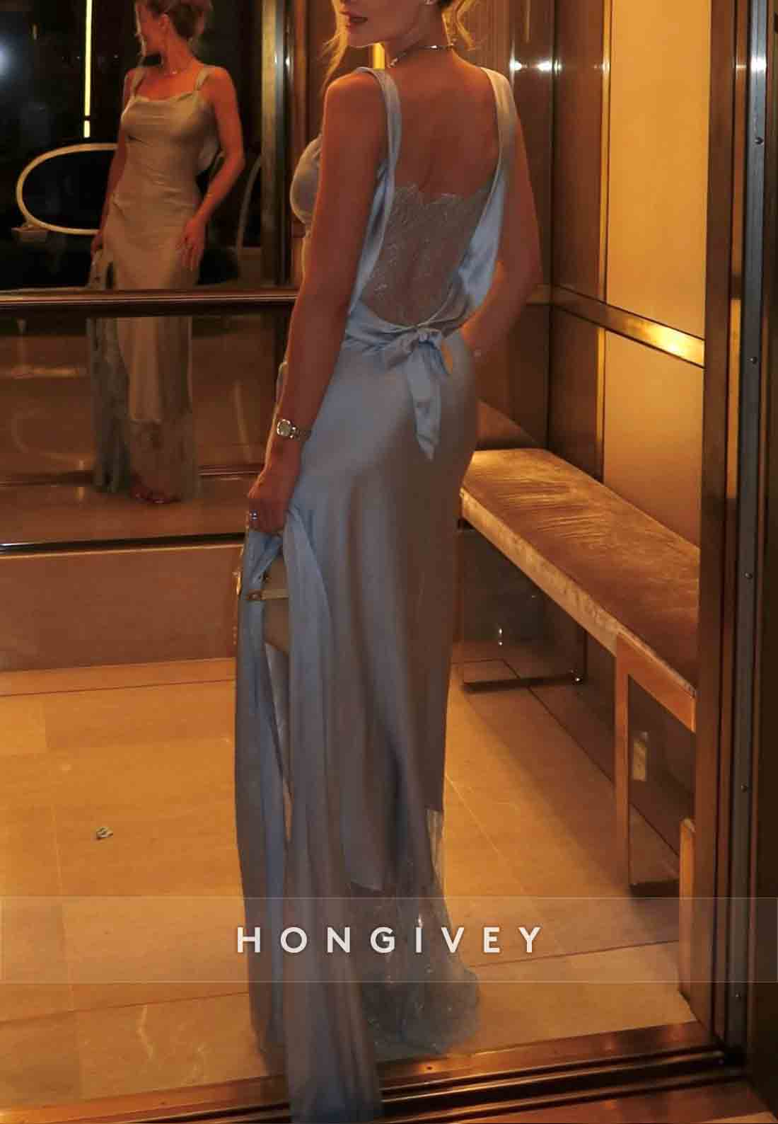 Sky Blue Lace Floor-Length Regular Straps High Slit Satin Evening Gowns