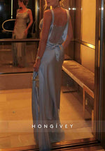 Sky Blue Lace Floor-Length Regular Straps High Slit Satin Evening Gowns