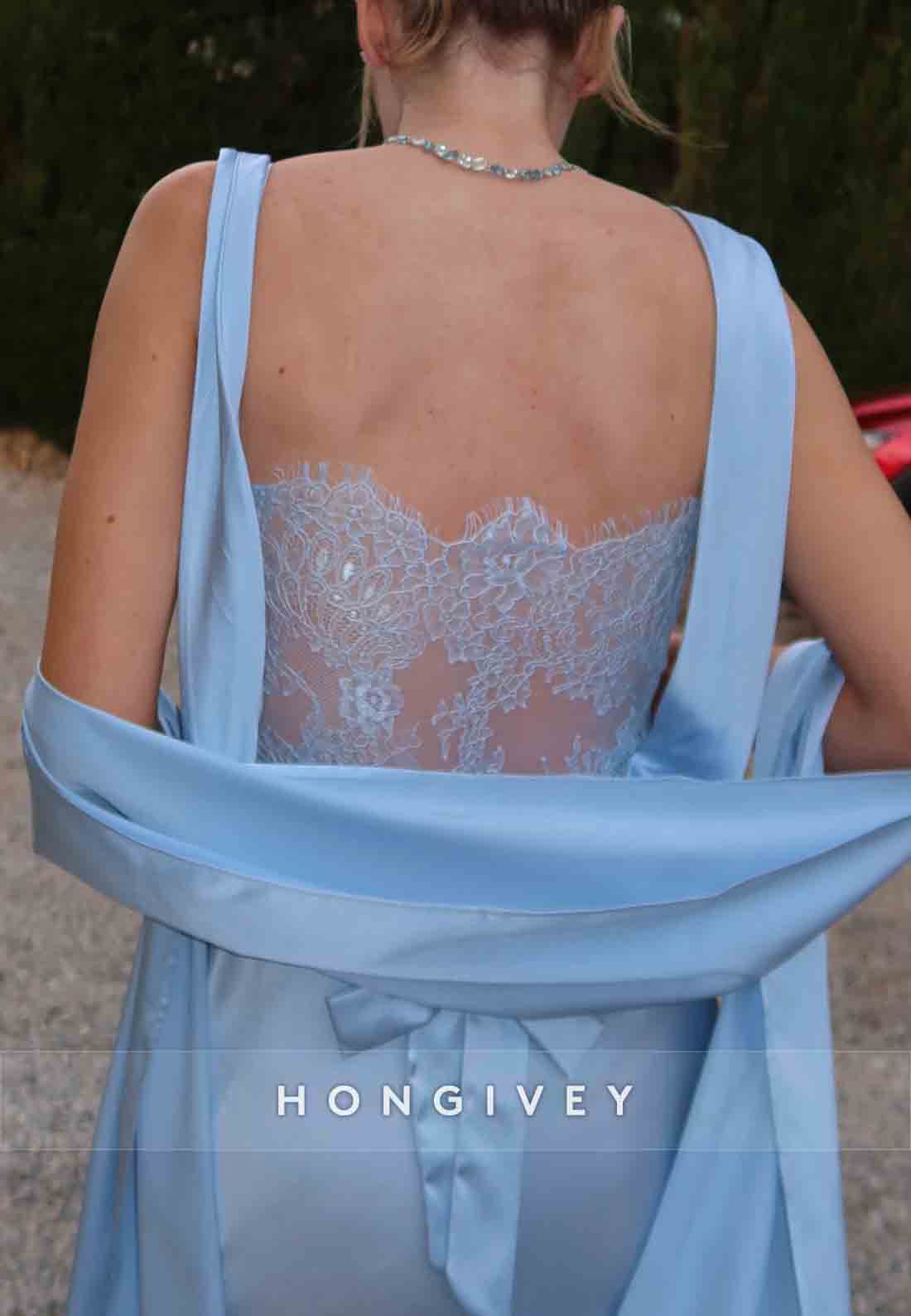 Sky Blue Lace Floor-Length Regular Straps High Slit Satin Evening Gowns