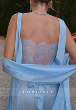 Sky Blue Lace Floor-Length Regular Straps High Slit Satin Evening Gowns