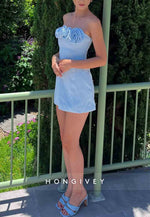 Sky Blue Flowers Strapless Sheath Pleated Sleeveless Mini Homecoming Dresses