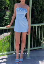 Sky Blue Flowers Strapless Sheath Pleated Sleeveless Mini Homecoming Dresses