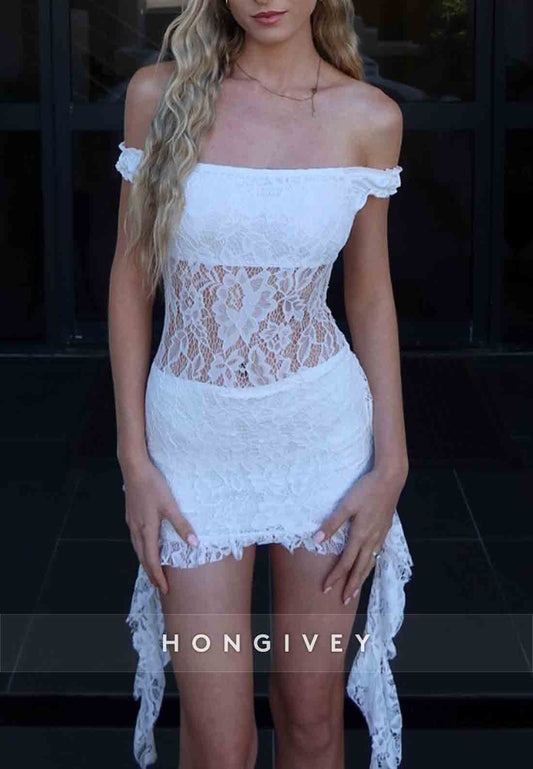 Lace Flowers Off the Shoulder Sheath Side Draping Mini Homecoming Dresses