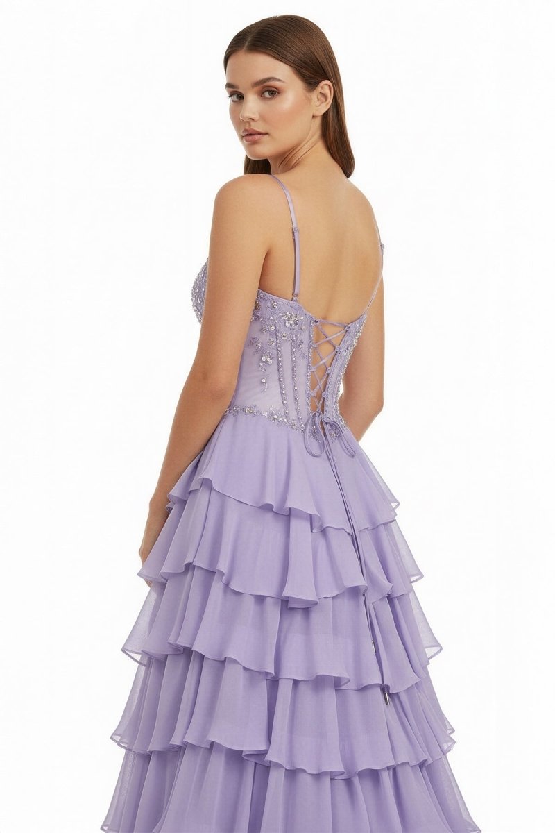 Lilac - Sweetheart Chiffon Ruffled A Line Long Formal Prom Dresses With Beading