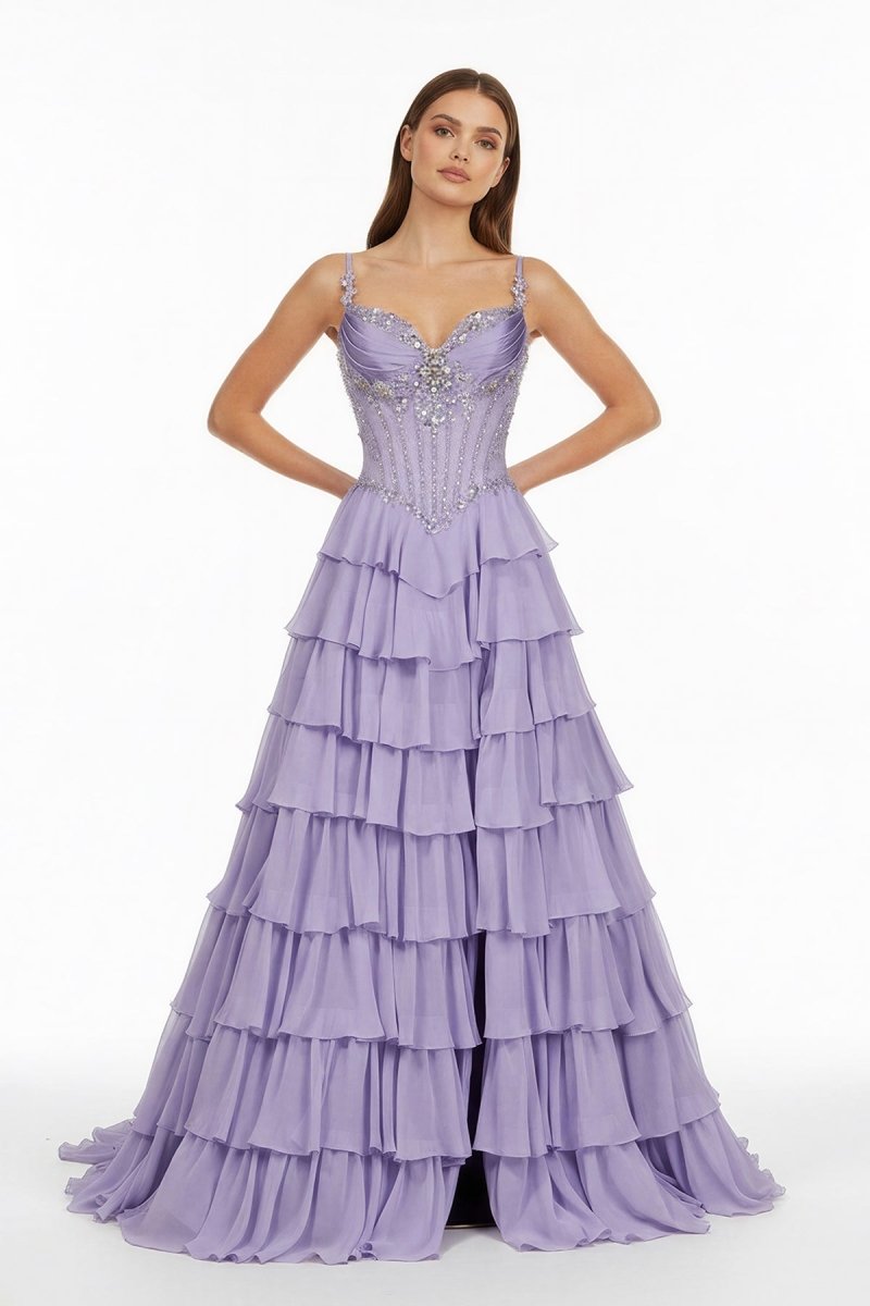 Lilac - Sweetheart Chiffon Ruffled A Line Long Formal Prom Dresses With Beading