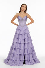 Lilac - Sweetheart Chiffon Ruffled A Line Long Formal Prom Dresses With Beading