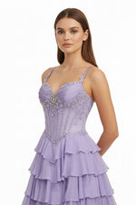 Lilac - Sweetheart Chiffon Ruffled A Line Long Formal Prom Dresses With Beading