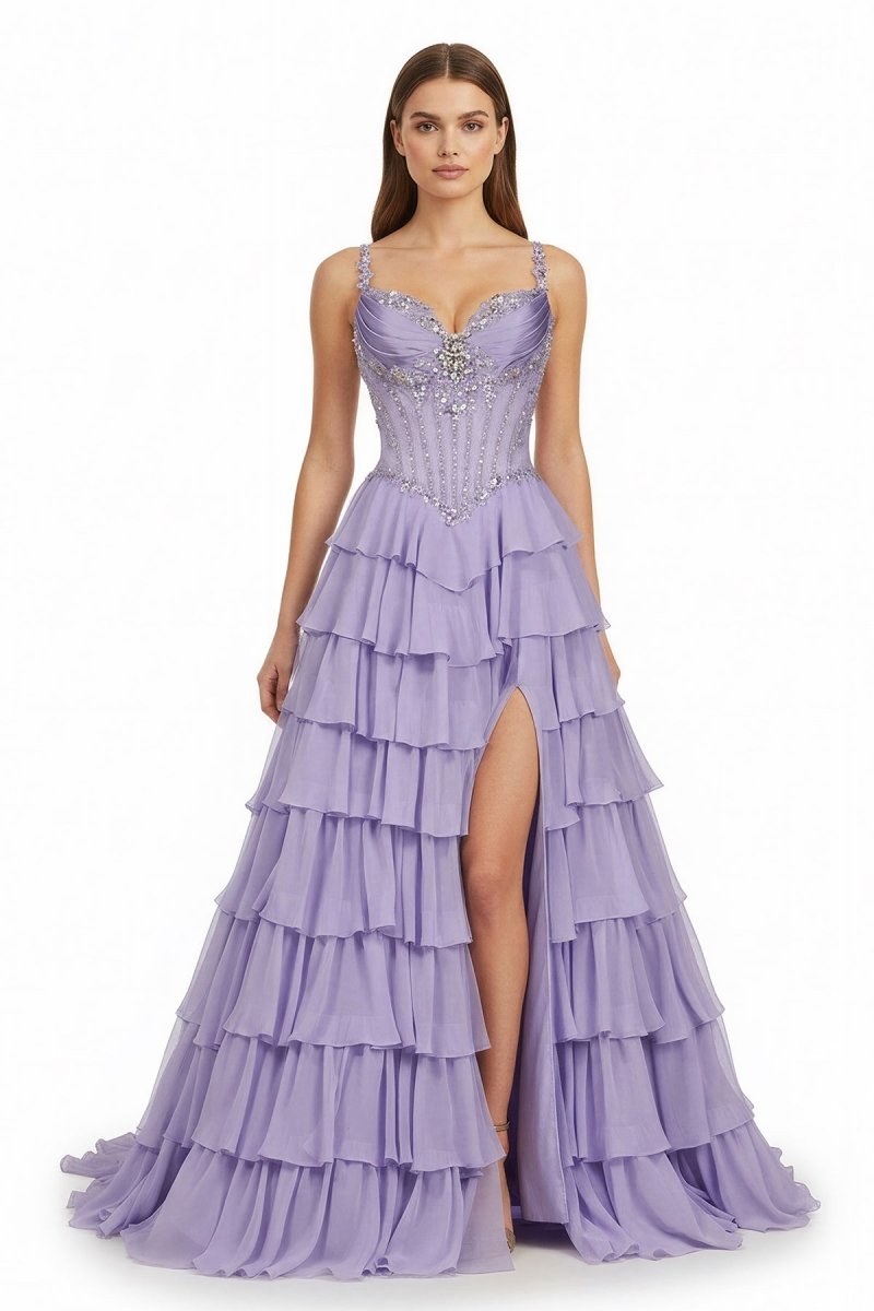 Lilac - Sweetheart Chiffon Ruffled A Line Long Formal Prom Dresses With Beading