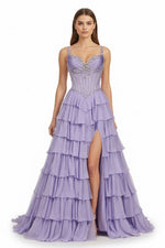 Lilac - Sweetheart Chiffon Ruffled A Line Long Formal Prom Dresses With Beading