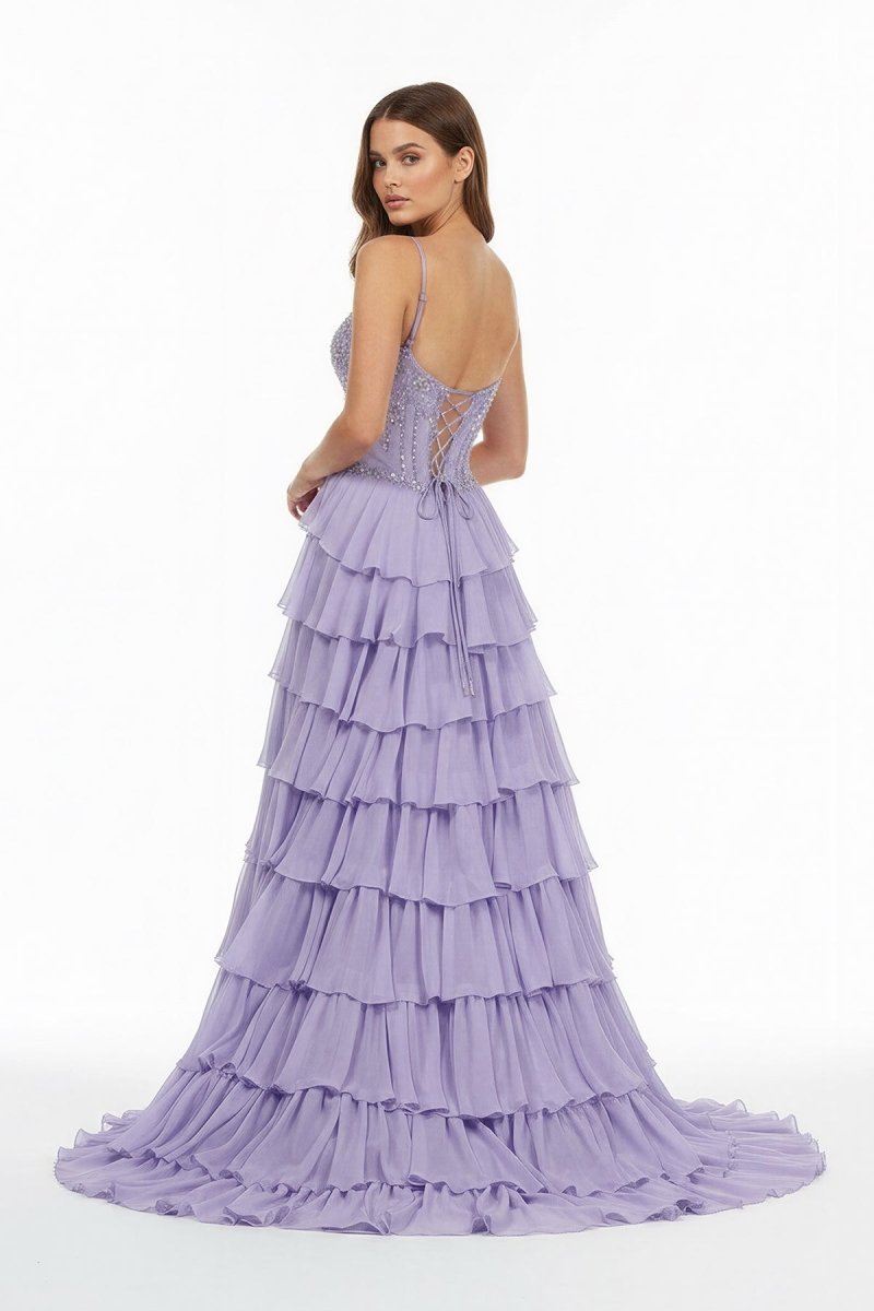 Lilac - Sweetheart Chiffon Ruffled A Line Long Formal Prom Dresses With Beading