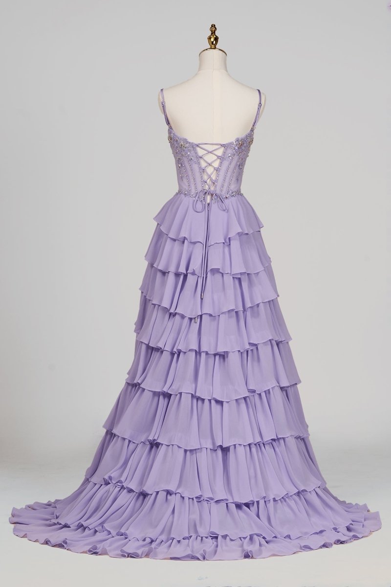 Lilac - Sweetheart Chiffon Ruffled A Line Long Formal Prom Dresses With Beading