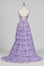 Lilac - Sweetheart Chiffon Ruffled A Line Long Formal Prom Dresses With Beading