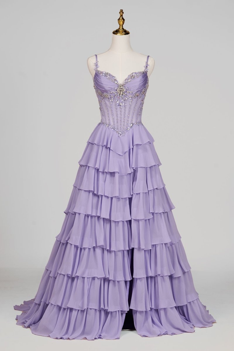 Lilac - Sweetheart Chiffon Ruffled A Line Long Formal Prom Dresses With Beading