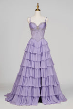 Lilac - Sweetheart Chiffon Ruffled A Line Long Formal Prom Dresses With Beading