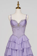 Lilac - Sweetheart Chiffon Ruffled A Line Long Formal Prom Dresses With Beading