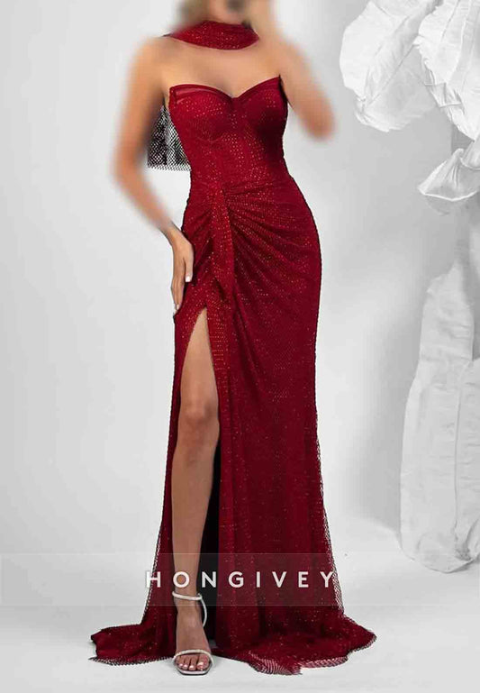 Strapless High Slit Halter Sleeveless Floor-Length Pleated Evening Gowns