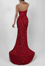 Red Sweetheart Sequined Mermaid Strapless Prom Dresses with Side Slit