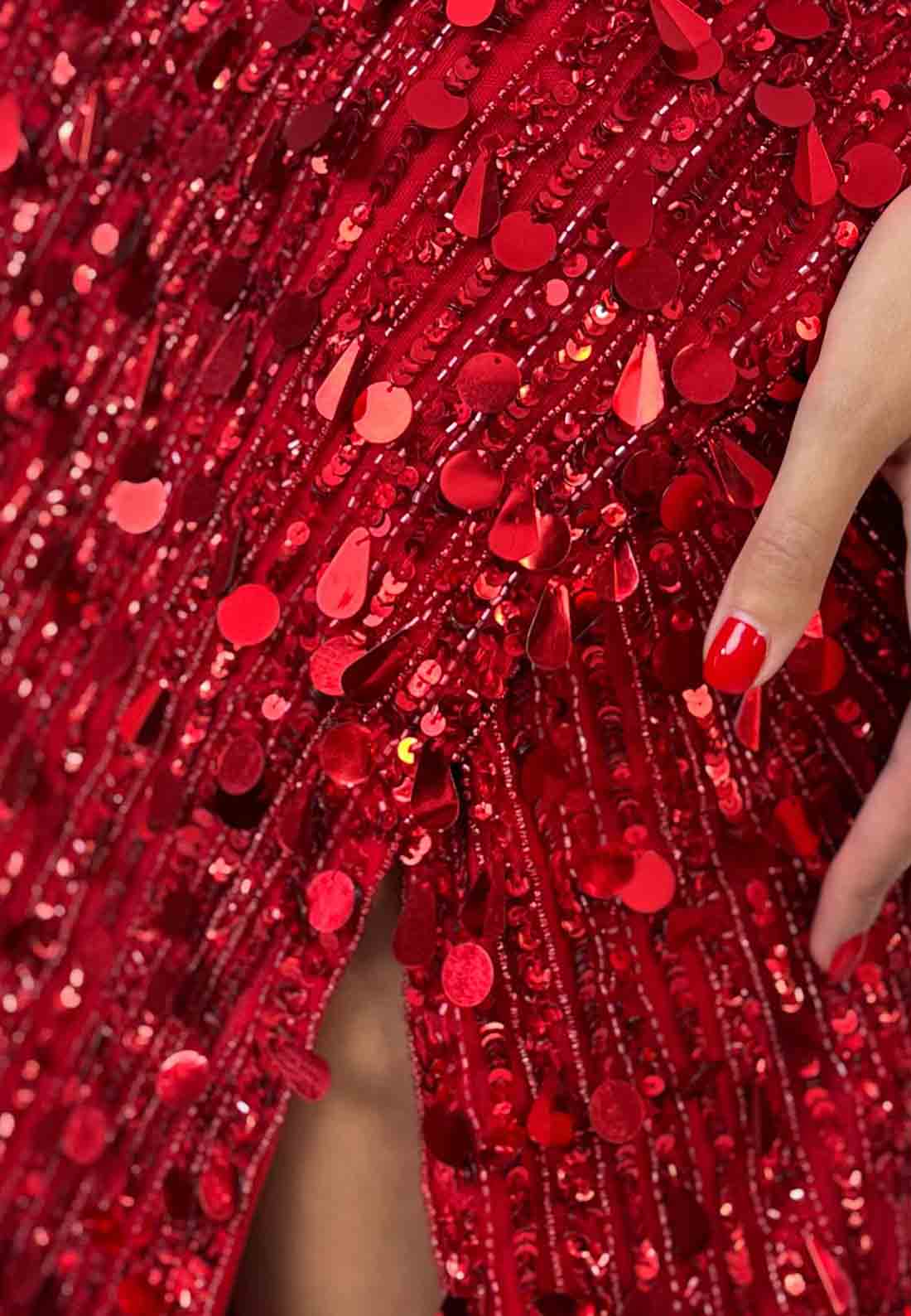 Red Sweetheart Sequined Mermaid Strapless Prom Dresses with Side Slit