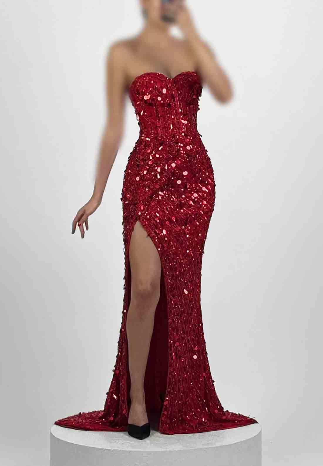 Red Sweetheart Sequined Mermaid Strapless Prom Dresses with Side Slit