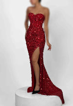 Red Sweetheart Sequined Mermaid Strapless Prom Dresses with Side Slit