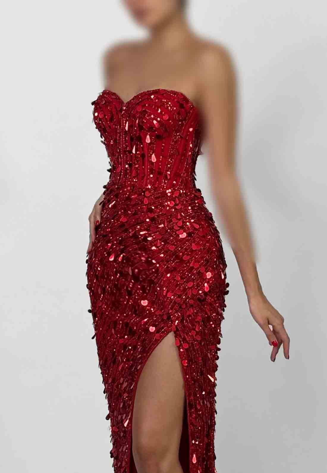 Red Sweetheart Sequined Mermaid Strapless Prom Dresses with Side Slit