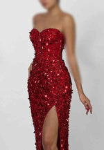 Red Sweetheart Sequined Mermaid Strapless Prom Dresses with Side Slit