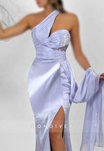 One Shoulder Lavender Trumpet Floor-Length Prom Dresses with Side Slit