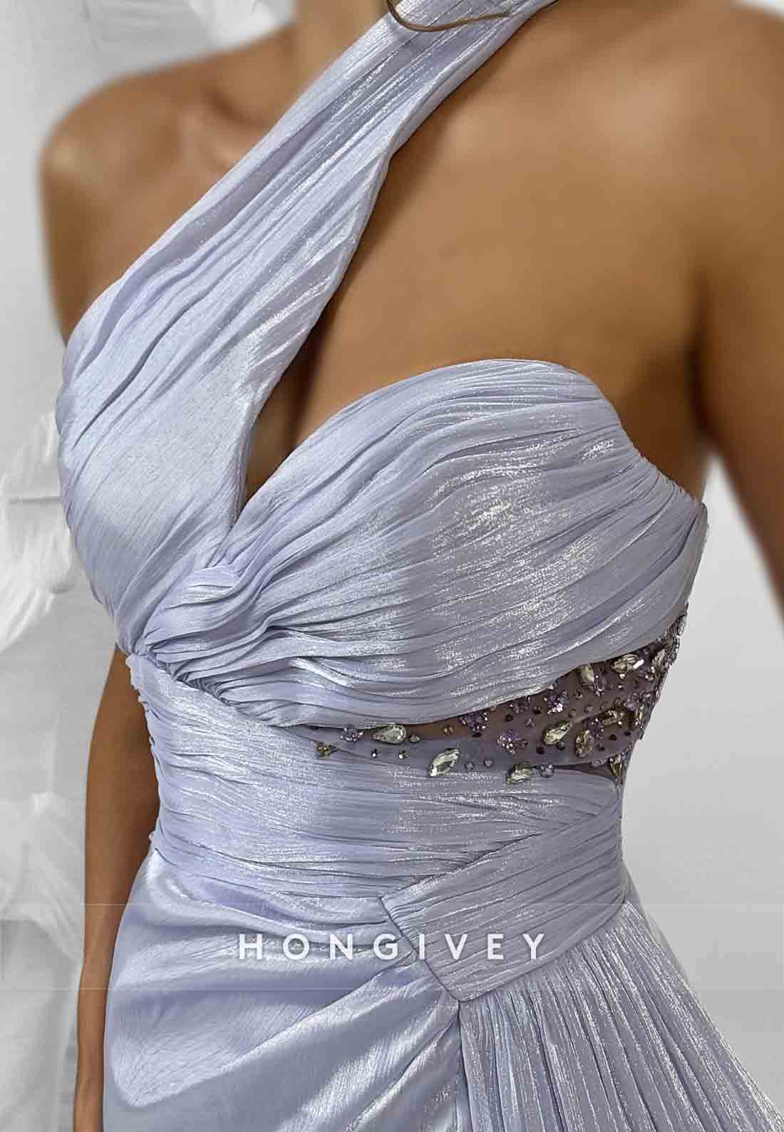 One Shoulder Lavender Trumpet Floor-Length Prom Dresses with Side Slit