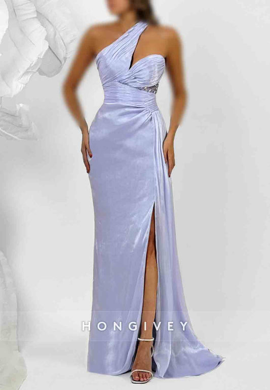 One Shoulder Lavender Trumpet Floor-Length Prom Dresses with Side Slit