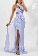 One Shoulder Lavender Trumpet Floor-Length Prom Dresses with Side Slit
